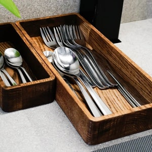 Wooden cutlery tray for kitchen, Cutlery holder set for table, Small silverware natural wood organizer, Farmhouse rustic oak cutlery box