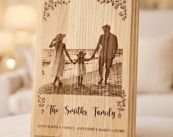 Spersonalizowane zdjęcie na drewnie, spersonalizowana, grawerowana, rodzinna ramka w drewnie, znaczący prezent na pamiątkę