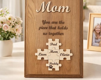 Tabliczka z puzzli dla mamy, spersonalizowany prezent na Dzień Matki od dzieci, rodzinna pamiątka z puzzli, spersonalizowany drewniany prezent dla mamy