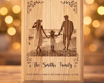 Grawerowanie zdjęć na drewnie na zamówienie, spersonalizowany portret rodzinny na drewnie, rustykalny prezent do domu