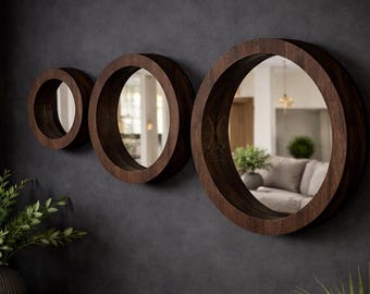 Zestaw luster w kształcie koła, okrągłe i owalne lustra ścienne, zestaw 3 luster w drewnianej ramie, dębowe lustro dekoracyjne, rustykalne lustro do przedpokoju
