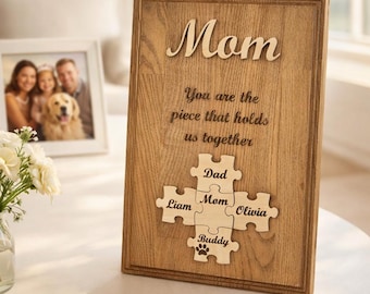 Drewniany znak z puzzli na Dzień Matki, spersonalizowany prezent dla mamy, element, który nas łączy, rodzinna pamiątka w formie puzzli, prezent dla mamy od dzieci