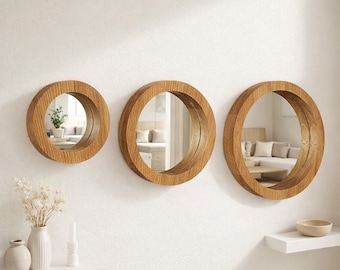 Zestaw 3 okrągłych drewnianych luster ściennych, lustra w dębowych ramach, skandynawski wystrój ścienny, nowoczesne rustykalne lustro, wystrój przedpokoju i łazienki