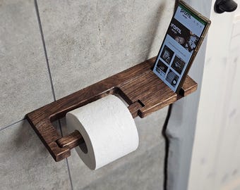 Rustic Wooden Toilet Paper Holder with Phone Shelf, Wall Mounted Bathroom Organizer, Toilet Roll Dispenser, Farmhouse Bathroom Decor