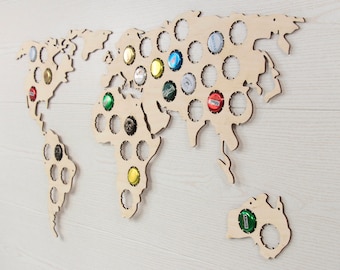 Collecting beer caps - Man cave decor - Beer bottle caps map - Beer cap display - Wooden caps holder - Bottle caps holder - World map