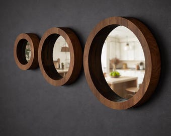 Zestaw 3 okrągłych drewnianych luster ściennych, lustra w dębowych ramach, skandynawski wystrój ścienny, minimalistyczne okrągłe lustra, rustykalny wystrój domu