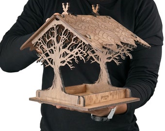 Vogelvoederhuis voor buiten, hangend vogelhuiscadeau voor kleine tuinvogels, grote rustieke boerderij met cederhouten hut, uniek platform voor houten zaden