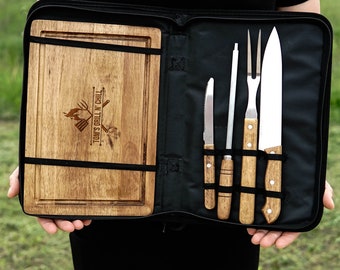 Ensemble de gril personnalisé, Outils de barbecue gravés au laser avec étui de transport, Cadeau de grillades personnalisé, Grande planche à découper principale pour grillades, Kit de grillades