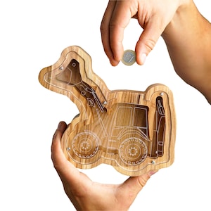 Grand cadeau d&#39;anniversaire de tirelire pour tracteur pour garçon, tirelire personnalisée d&#39;excavatrice de ferme pour les enfants, tirelire personnalisée en bois avec nom gravé