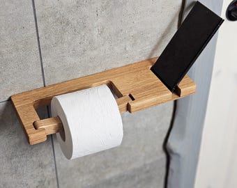 Oak Wood Toilet Roll Holder with Shelf, Industrial Bathroom Organizer, Handmade Toilet Paper Rack Wall Mounted, Space Saving Tissue Storage