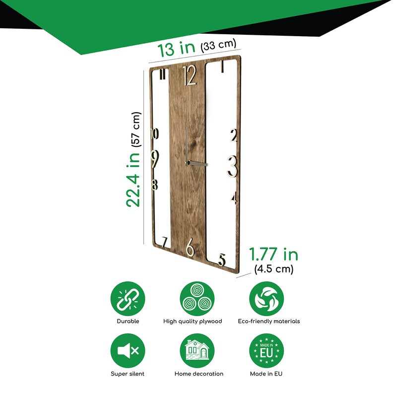 May include: A wooden clock with a rectangular frame and Roman numeral markings. The clock is 13 inches wide and 22.4 inches tall. The clock is made of high-quality plywood and is eco-friendly. It is super silent and made in the EU.