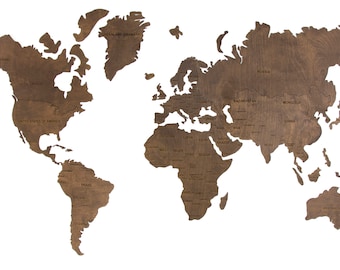 May include: A brown wooden world map with the continents and countries labeled. The map is made of wood and has a rustic look.