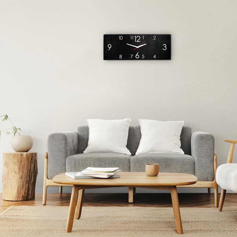 Rektangulär träväggklocka modern, mitten av århundradet stor horisontell vägghängande klocka, unik sovrumsväggkonstdekor, lantlig rustik klocka bild 5