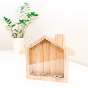 House money bank Solid wood coin box BIG house money box Wooden money box Toddler piggy bank Kid money bank Glass piggy box image 4