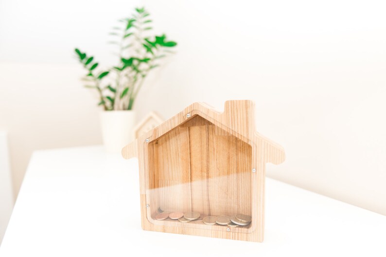 House money bank Solid wood coin box BIG house money box Wooden money box Toddler piggy bank Kid money bank Glass piggy box image 4