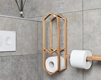 Wall Mounted Wooden Toilet Paper Holder, Modern Bathroom Roll Storage Rack, Farmhouse Bathroom Oak TP Organizer, Floating Honeycomb Shelf