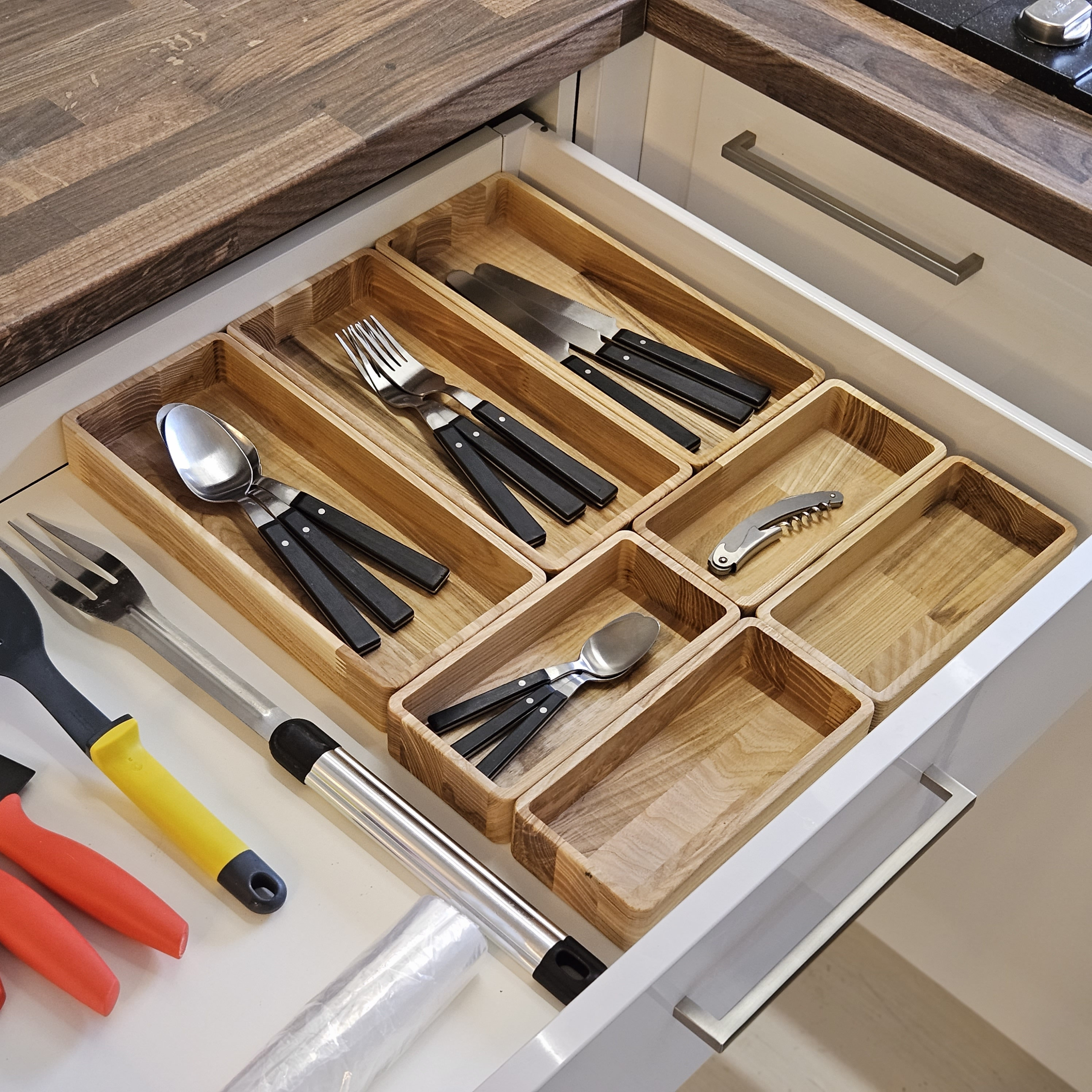 Custom Kitchen Drawer Organizer For Silverware, Adjustable Wooden Cutlery Tray Holder, Fork & Knife Wood Storage Box, Utensil Drawer Inserts