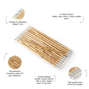 Personalized wooden pencils with custom text, ideal for baby showers, teacher appreciation gifts, or event place cards.