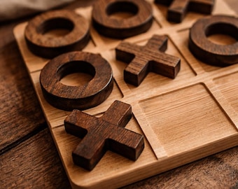 Wooden Tic Tac Toe Game, Solid Ash Wood Board Game, Coffee Table Game with Custom Colors