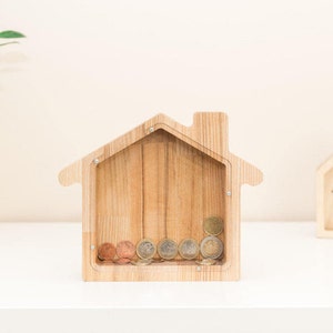 House money bank Solid wood coin box BIG house money box Wooden money box Toddler piggy bank Kid money bank Glass piggy box image 1