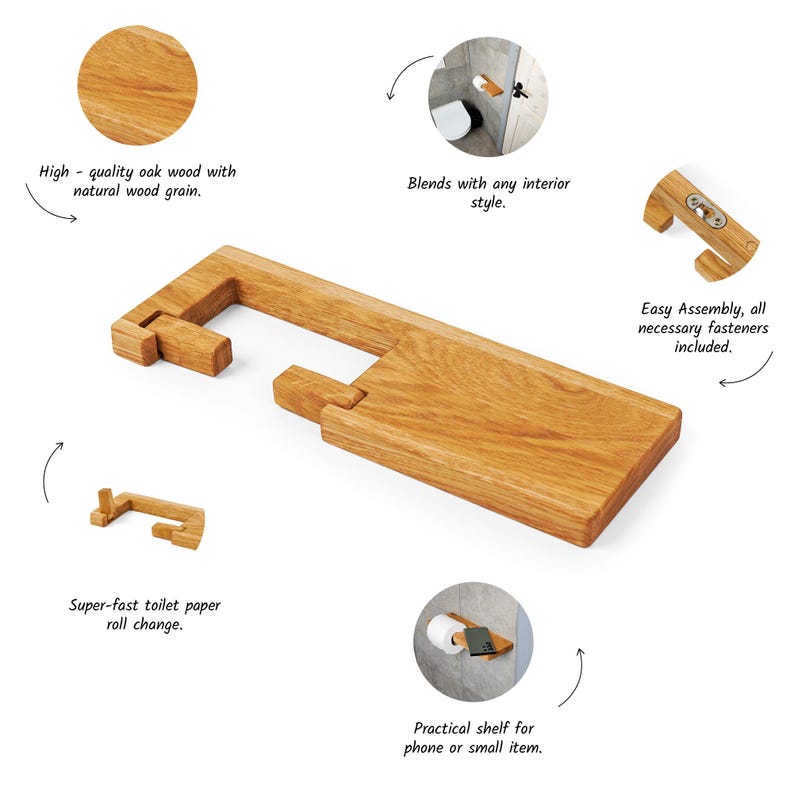 Dual-Purpose Wooden Holder and Shelf Accessory
A versatile bathroom accessory, this piece functions as both a toilet paper holder and an extra storage shelf. Made from high-quality wood, it provides a dedicated space for your toilet paper while the integrated shelf is ideal for storing small items, enhancing overall bathroom organization.