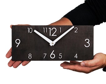 Horloge murale rectangulaire en bois unique, horloge murale rustique horizontale pour cuisine, horloge murale étroite moderne pour salon, petite horloge de bureau