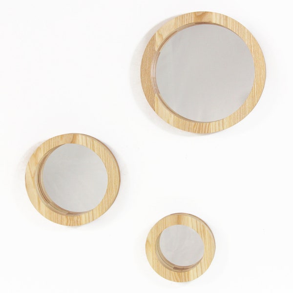 Wall mirror set of 3 mirrors Wood mirror Round mirror Wall mirror