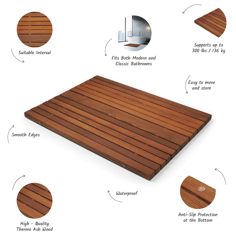 Badmat op maat, douchemat thermisch essenhout, antislipmat voor badkamer, waterdichte spamat voor sauna, hardhouten vloermat voor gebruik binnenshuis afbeelding 3