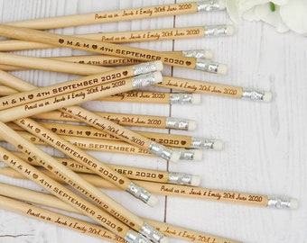 Personalized pencils, Customized set of pencils for wedding stationery, Rustic wedding favors for guests in bulk, Unique engraved pencil set