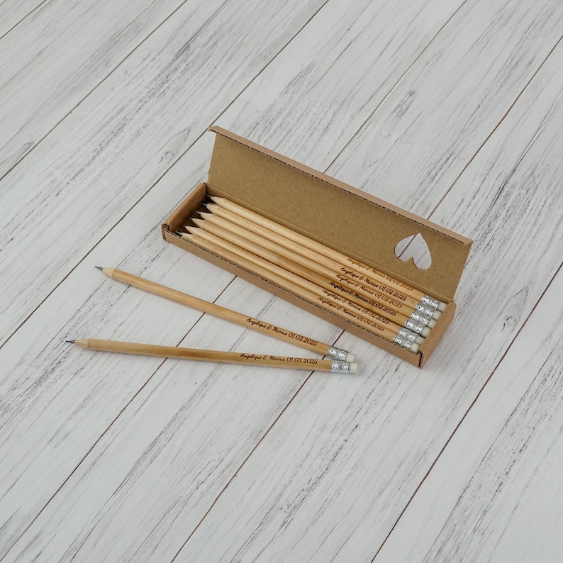 Engraved wood pencils with erasers, great for golf events, bridal showers, or corporate giveaways with a natural touch.
