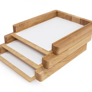 Wooden paper tray 3 stages Wooden paper holder Stacked paper tray Desk organization Stacking paper storage Wooden file sorter image 2