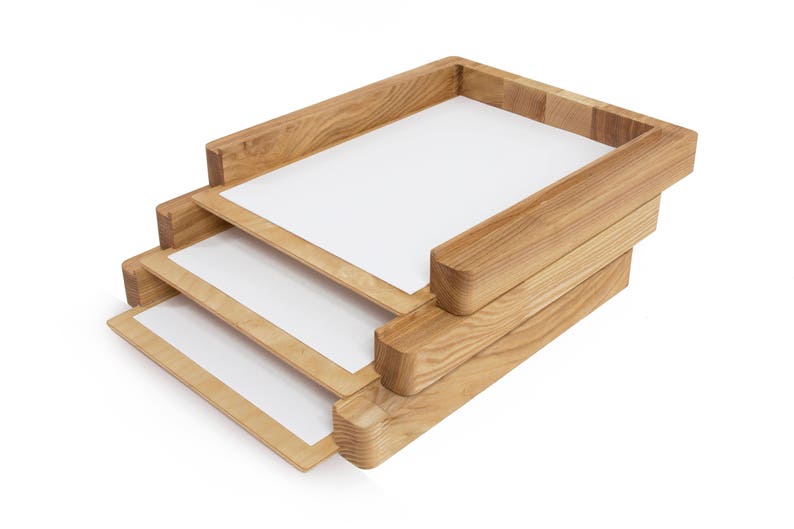 Wooden paper tray 3 stages Wooden paper holder Stacked paper tray Desk organization Stacking paper storage Wooden file sorter image 2