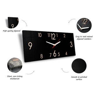 Horloge murale rectangulaire en bois moderne, grande horloge murale horizontale du milieu du siècle, décoration unique d'art mural de chambre à coucher, horloge rustique de ferme image 9