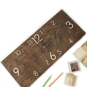 Large wall clock 10x24&quot; Industrial clock Wooden wall clock Rustic wall clock Wood clock