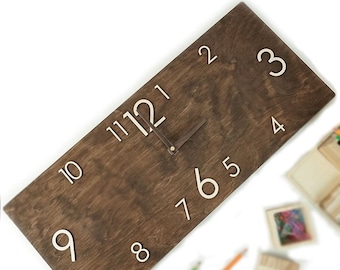Large wall clock 10x24&quot; Industrial clock Wooden wall clock Rustic wall clock Wood clock