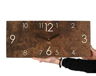 Personalized rectangular wooden wall clock, Farmhouse wood wall clock, Modern minimalist large wall clock, Rustic vintage wall clock