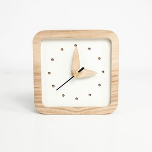 Desk Clock Analog Modern Mid Century for Her Desk Decor For Office Table Clock Unique Wood for Living Room Silent No Ticking Square Shape