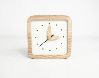 Desk Clock Analog Modern Mid Century for Her Desk Decor For Office Table Clock Unique Wood for Living Room Silent No Ticking Square Shape