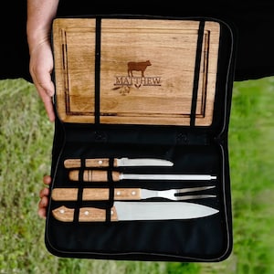 Personalized Grill Set, Laser Engraved BBQ Tools With Carrying Case, Custom Grilling Gift, Large Grill Master Cutting Board, Grill Kit