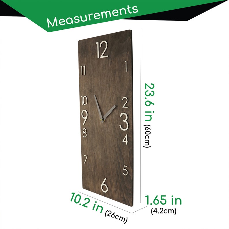May include: A dark brown wooden clock with white numbers and hands. The clock is 23.6 inches tall and 10.2 inches wide.