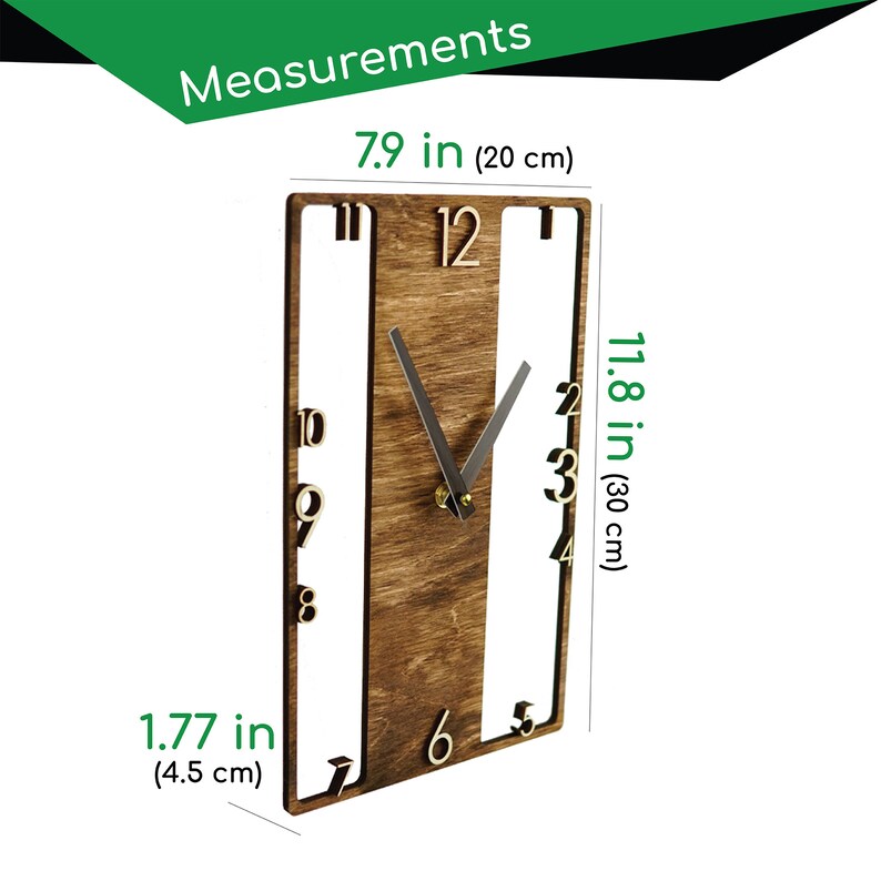 May include: A wooden wall clock with a brown wood grain finish and black hands. The clock is 7.9 inches wide, 11.8 inches tall, and 1.77 inches deep.
