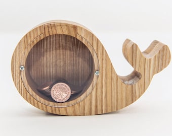 Small WHALE money box, Piggy bank for boys and girls, Collectible coin box, Wood piggy bank, Baby money bank, Baby Shower Gift