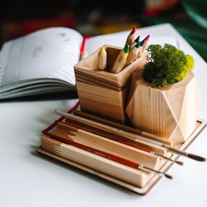 Sukkulenten Schreibtisch Organizer, Schreibtisch Organizer Set, Holz Schreibtisch Organizer, Stiftehalter und Stiftbecher, Geburtstagsgeschenk für sie, Weihnachtsgeschenk