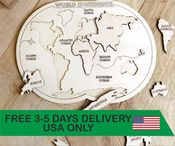 Wooden World Map Continents and Ocean Wooden Personalized Puzzle Baby Gift Montessori Educational Toys Baby Shower Toddlers Girls and Boys Natural Eco Wood Sensory Board Nursery Decor Unique Plaything