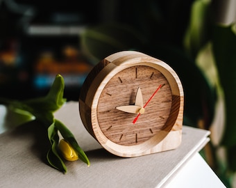 WOODEN modern table clock, Small desk clock, Wood clock for desk, Office desk organization, Gift for dad, Christmas gift for him