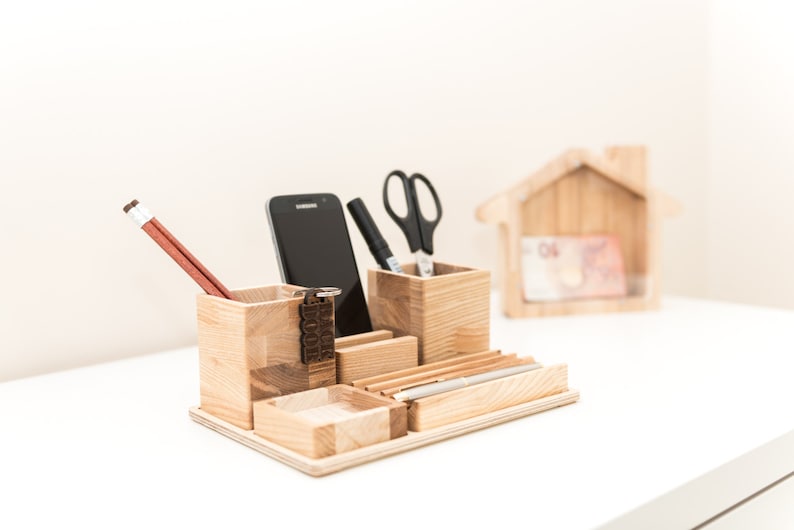 Wood desk organizer Boyfriend birthday gift Coworker Christmas gift Desk organization image 3