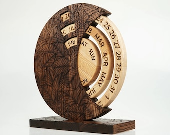 Calendrier perpétuel 2024 en bois pour bureau, calendrier rotatif sur pied, calendrier mensuel rond, calendrier lunaire, cadeau de pendaison de crémaillère