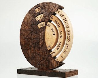 2024 Perpetual Calendar Wood for Desk, Spinning Standing Calendar, Monthly Round Calendar, Moon Calendar Housewarming Gift