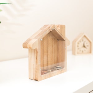 House money bank Solid wood coin box BIG house money box Wooden money box Toddler piggy bank Kid money bank Glass piggy box image 2