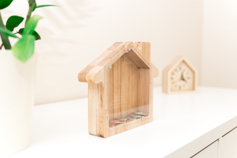 House money bank Solid wood coin box BIG house money box Wooden money box Toddler piggy bank Kid money bank Glass piggy box image 2